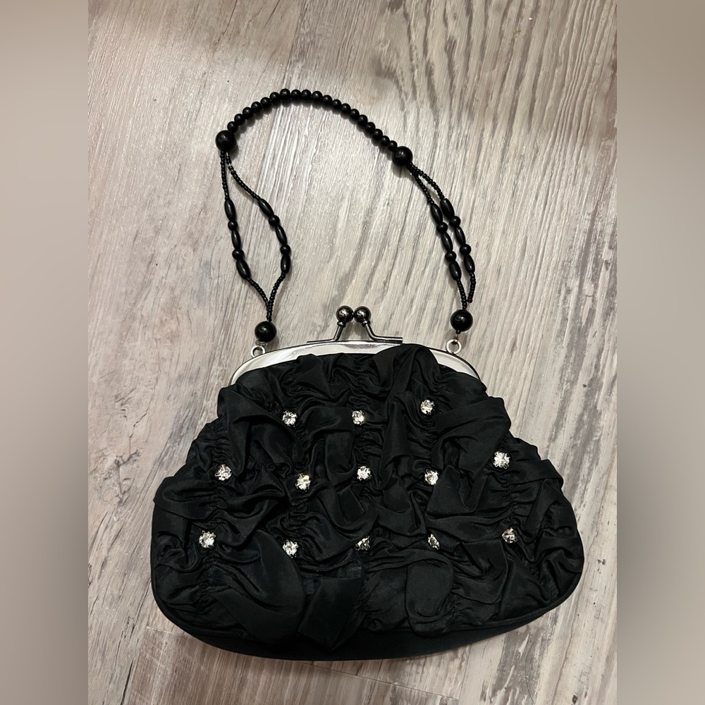 Vintage 90s Jessica McClintock Rhinestone Satin Mini Bag Black Ruffle Clutch